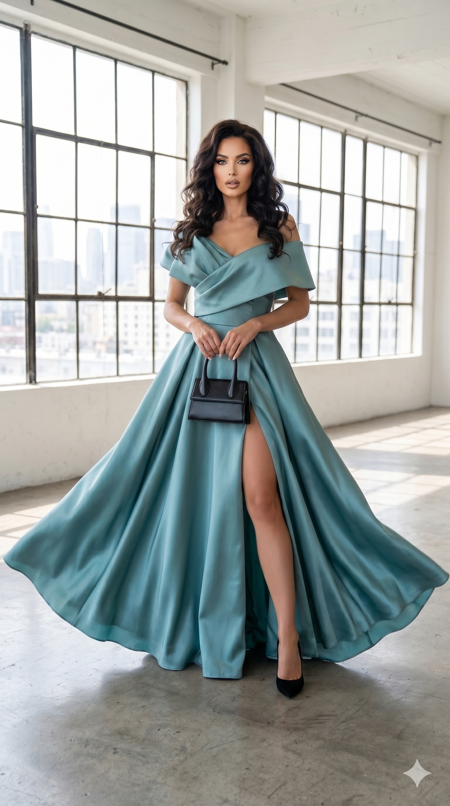 Woman in a teal evening gown with a high slit standing in a room with large windows.