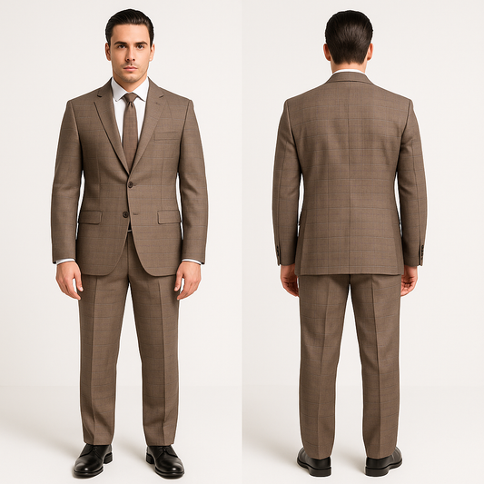 Dviejų dalių vyriškas rudas kostiumas – priekyje matomas modelis