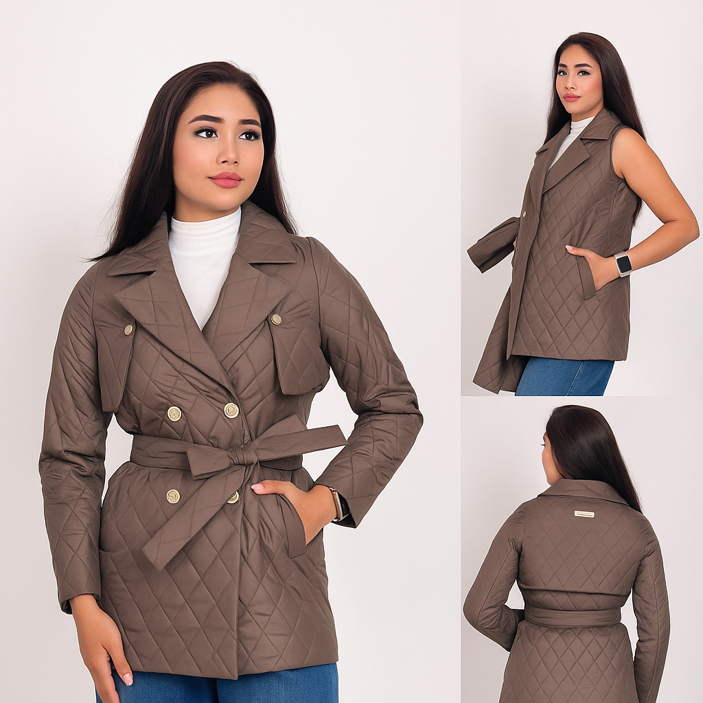 Ruda moteriška striukė-liemenė 2 in 1 su nuimamomis rankovėmis ant modelio