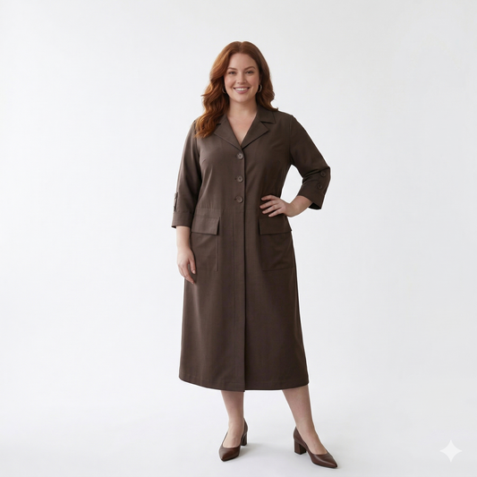 šokoladinė ruda suknelė moterims tiesaus kirpimo su kišenėmis