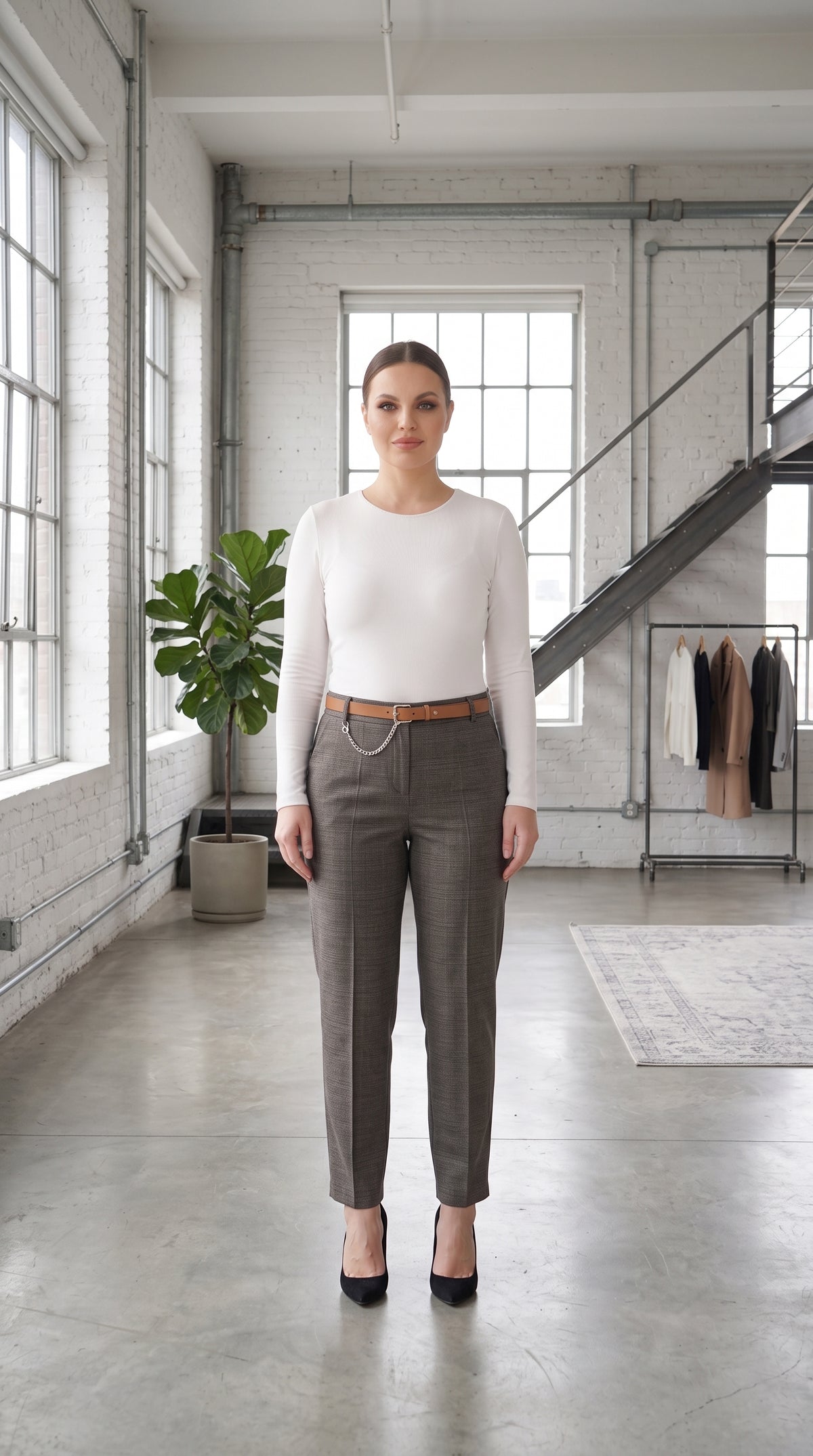 A woman stands in a bright, modern loft-style room wearing a fitted white long-sleeve top, charcoal gray slim-fit trousers, a brown leather belt with a silver chain, and black heels.