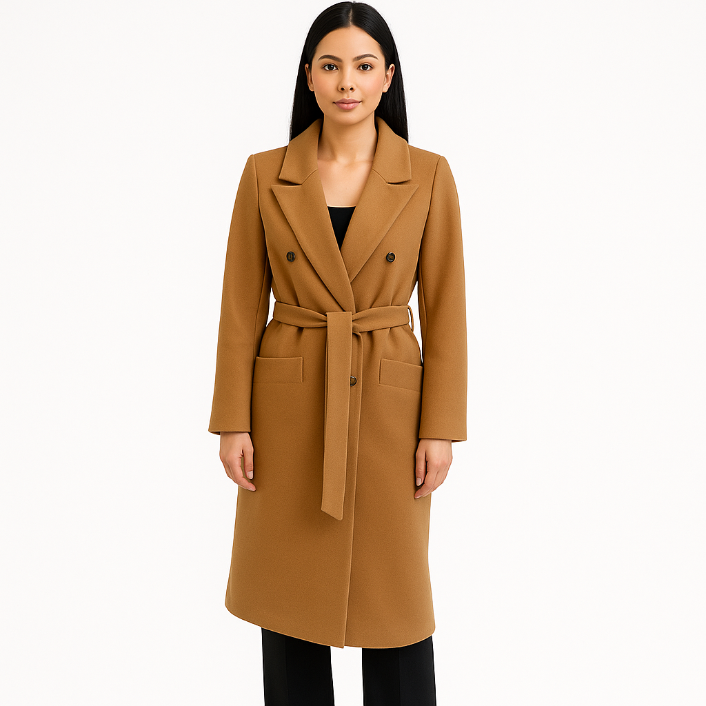 Modelis dėvi rudą paltą su diržu, dvieiliu užsegimu ir kišenėmis, baltame fone, L dydis