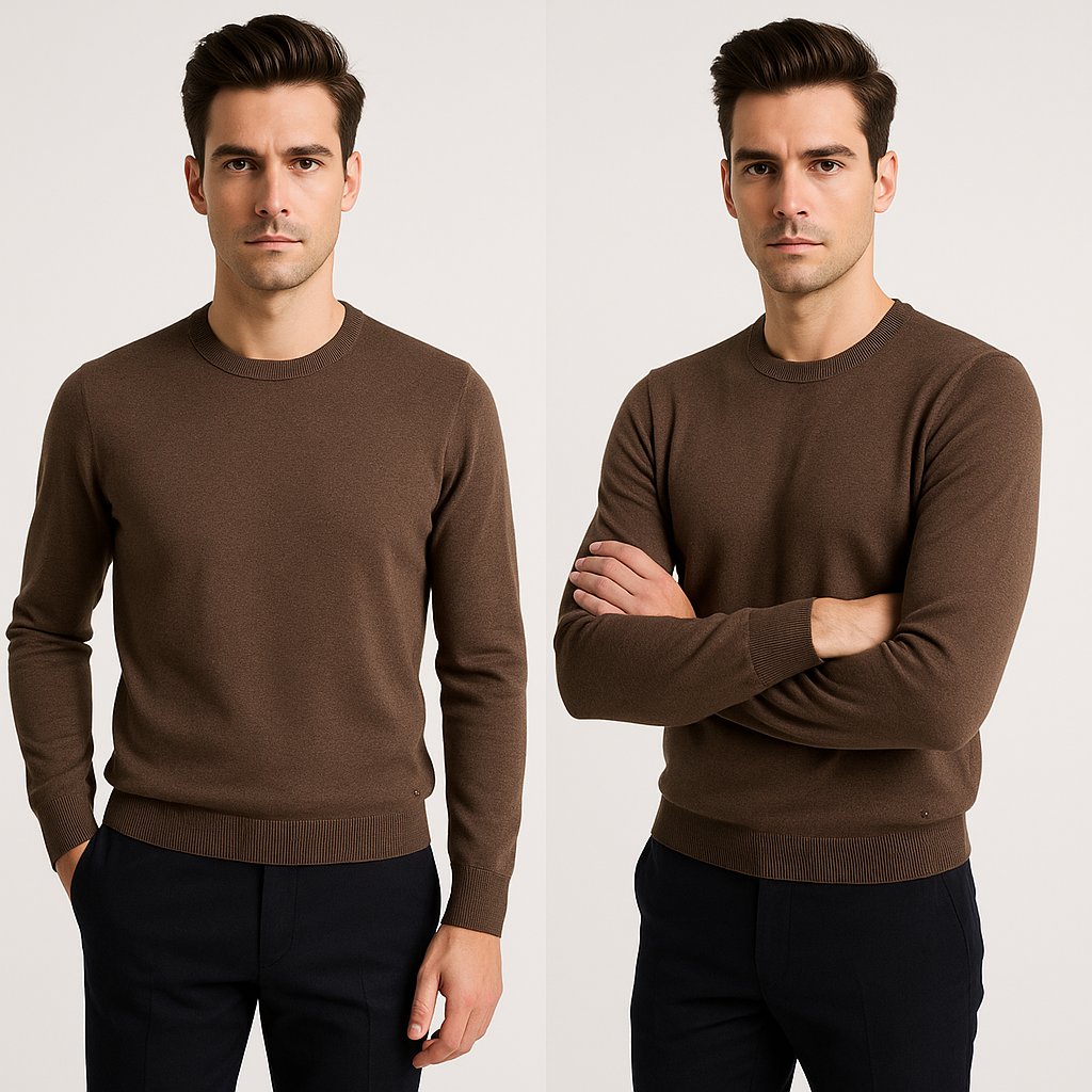 Vyriškas rudas vienspalvis megztinis su apvalia apykakle