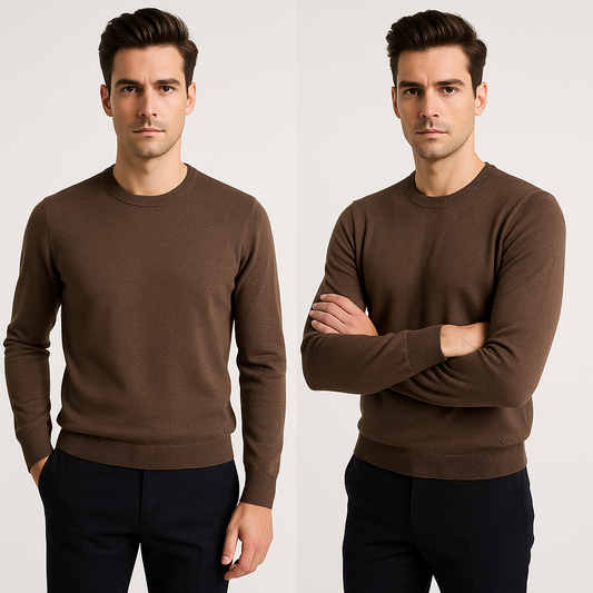 Vyriškas rudas vienspalvis megztinis su apvalia apykakle