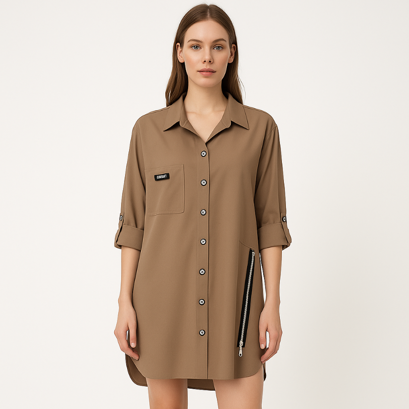 Šviesiai rudi marškiniai su baltu užtrauktuku – pilnas vaizdas. MOdelis 38 dydžio