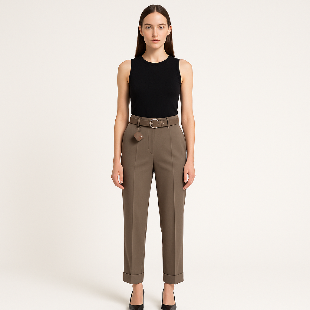 Moteriškos rudos kelnės su išskirtiniu klešnių kirpimu ir tampriu liemeniu