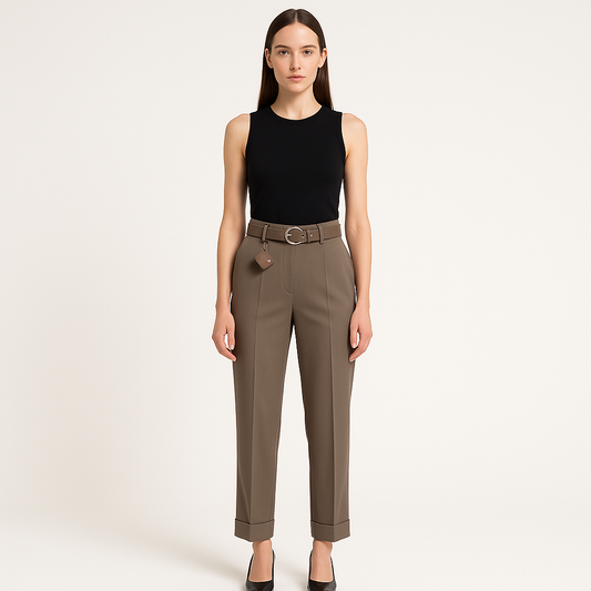 Moteriškos rudos kelnės su išskirtiniu klešnių kirpimu ir tampriu liemeniu