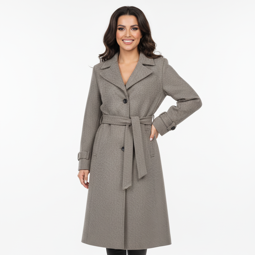 Rusvai margas moteriškas vilnos paltas su diržu