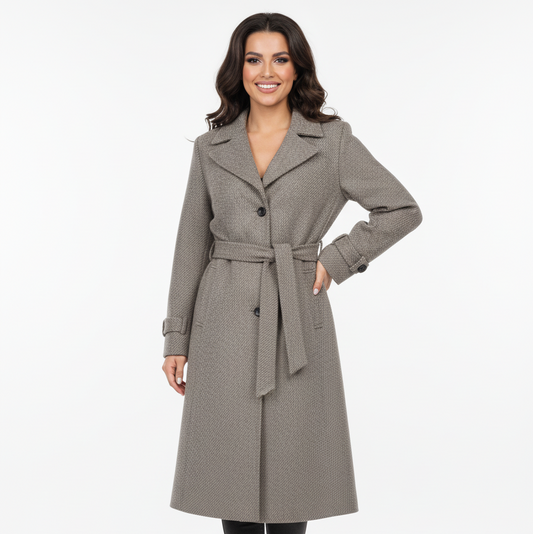 Rusvai margas moteriškas vilnos paltas su diržu