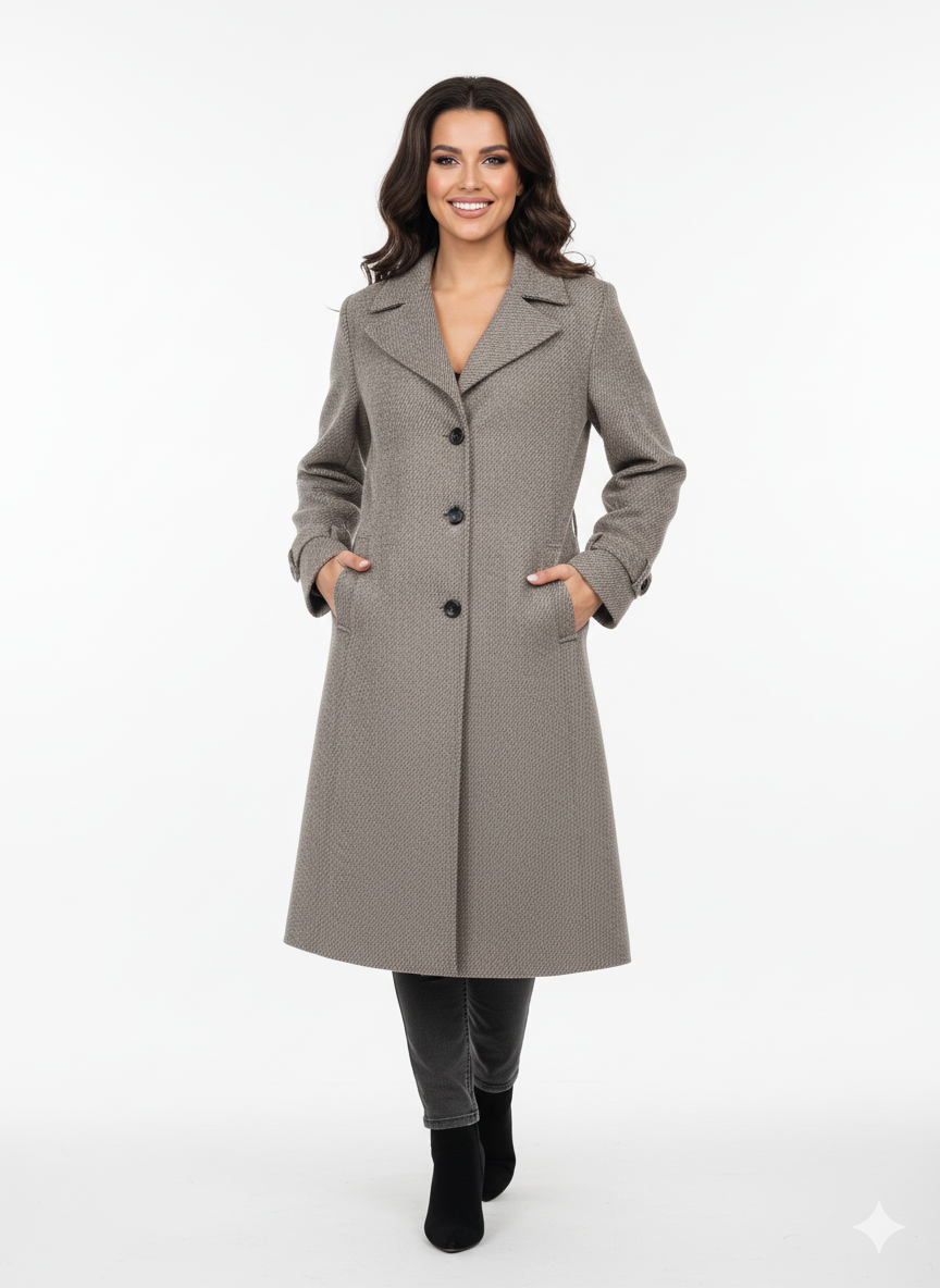 Ilgas rusvai pilkas paltas rudens ir žiemos sezonui