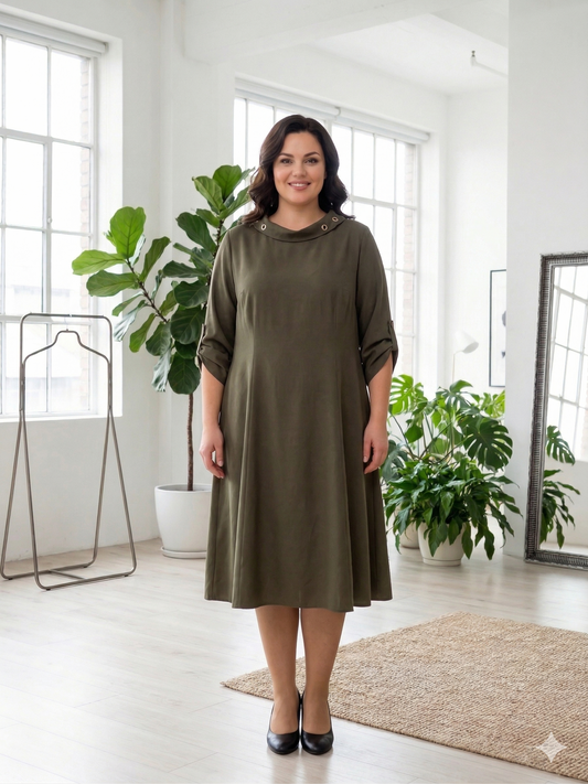 samanų spalvos suknelė moterims su kišenėmis