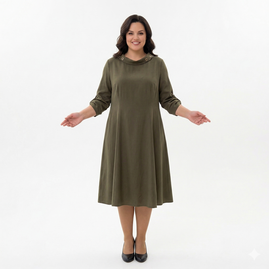 samanų spalvos suknelė moterims su kišenėmis