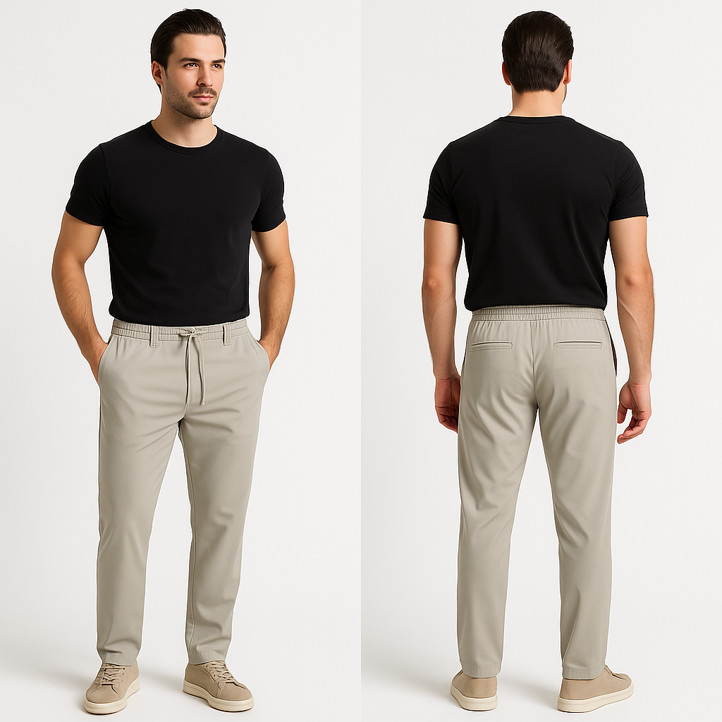 Modelis dėvi lengvo, krentančio audinio šviesiai smėlio spalvos kelnes su raišteliu, tinkamas vasarai arba laisvalaikiui.