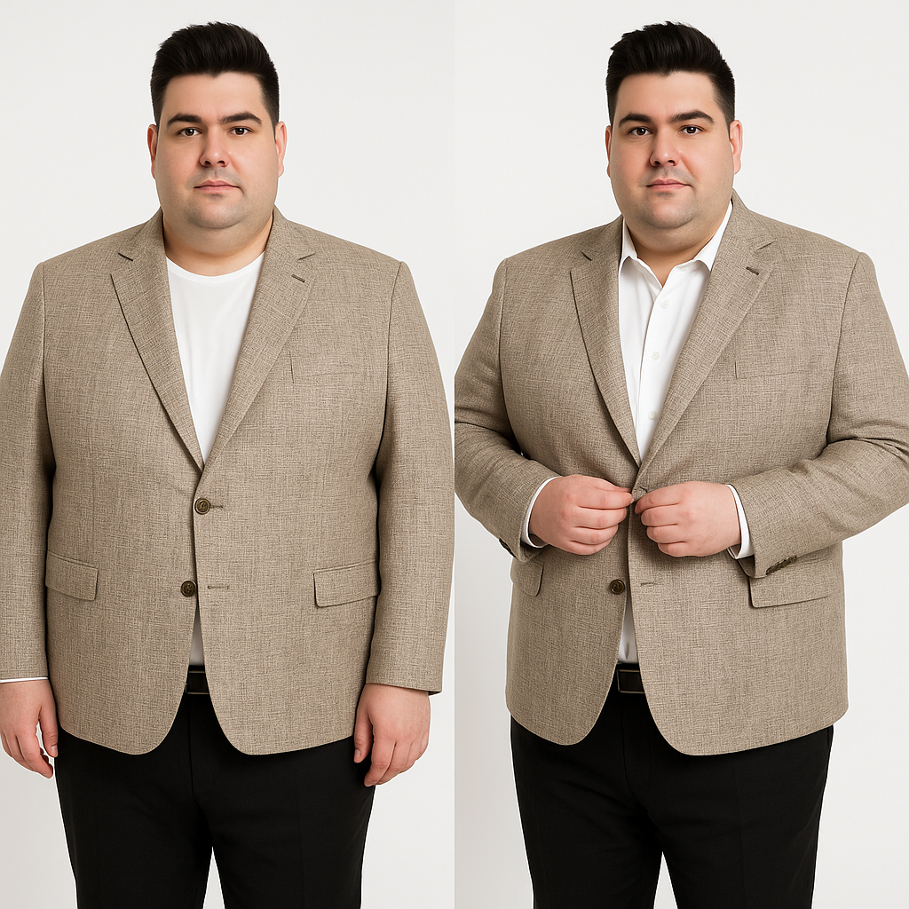 Smėlinis vyriškas švarkas su tekstūra ir natūraliu audiniu, dideli dydžiai