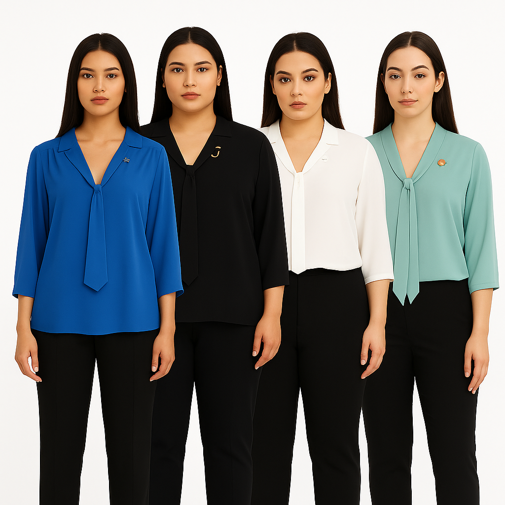 Klasikinės palaidinės su kaklaraiščiu, pavaizduotos visos 4 spalvos