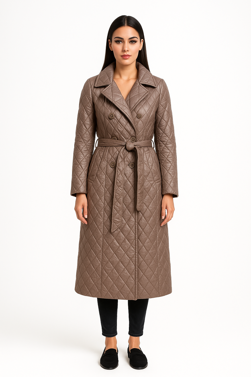 Ilgas elegantiškas moteriškas dygsniuotas paltas rudens-žiemos sezonui, rodo modelis.