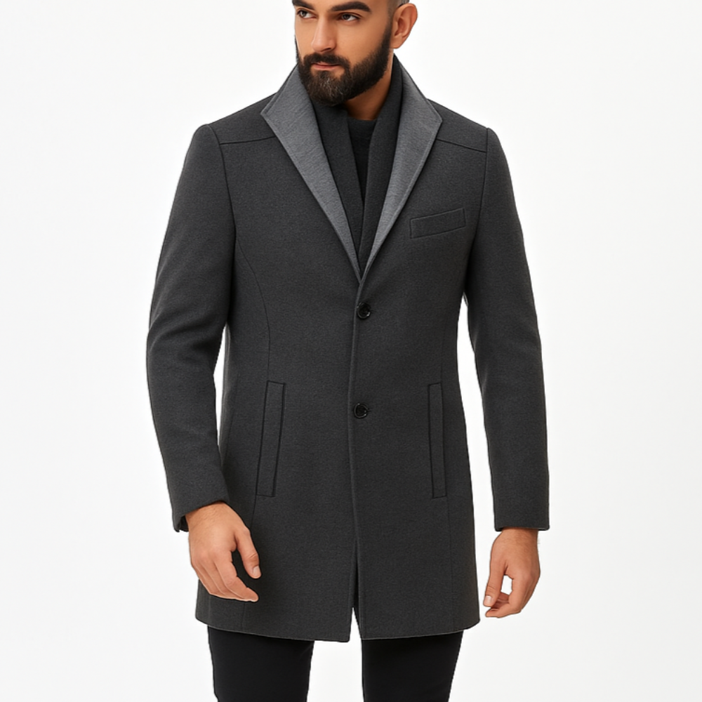 Man wearing a gray coat with a white background