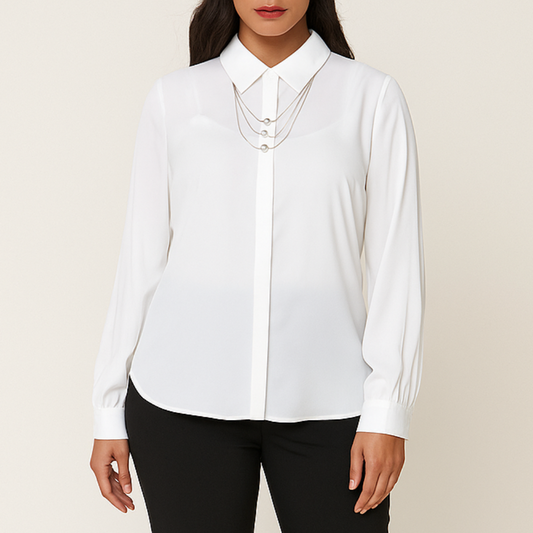 Balti moteriški marškinukai su paslėptomis sagutėmis ir perliukų grandinėle