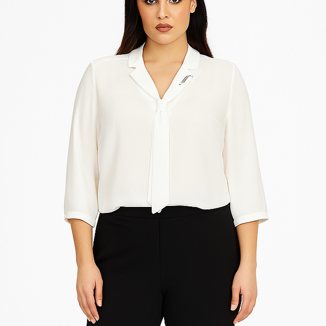 Balta elegantiška palaidinė su kaklaraiščiu, 3/4 rankovės. 