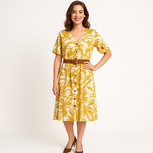 Marškininio stiliaus ilga suknelė su garstyčių spalvos lapų raštu, sagomis priekyje ir pynimo diržu, pakabinta ant pakabos.

