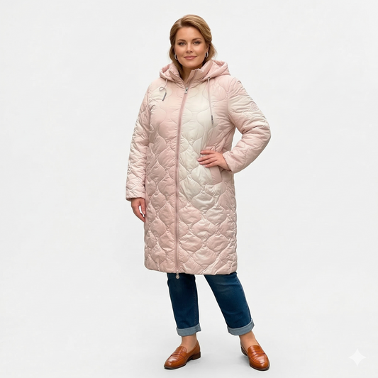 Ilga moteriška dygsniuota pavasarinė striukė su gobtuvu didelių dydžių