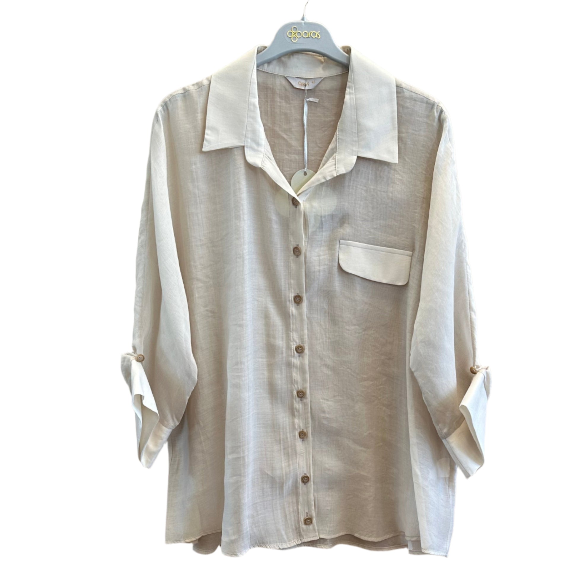 Šviesi moteriška palaidinė su sagomis ir kišenėle ant pakabos