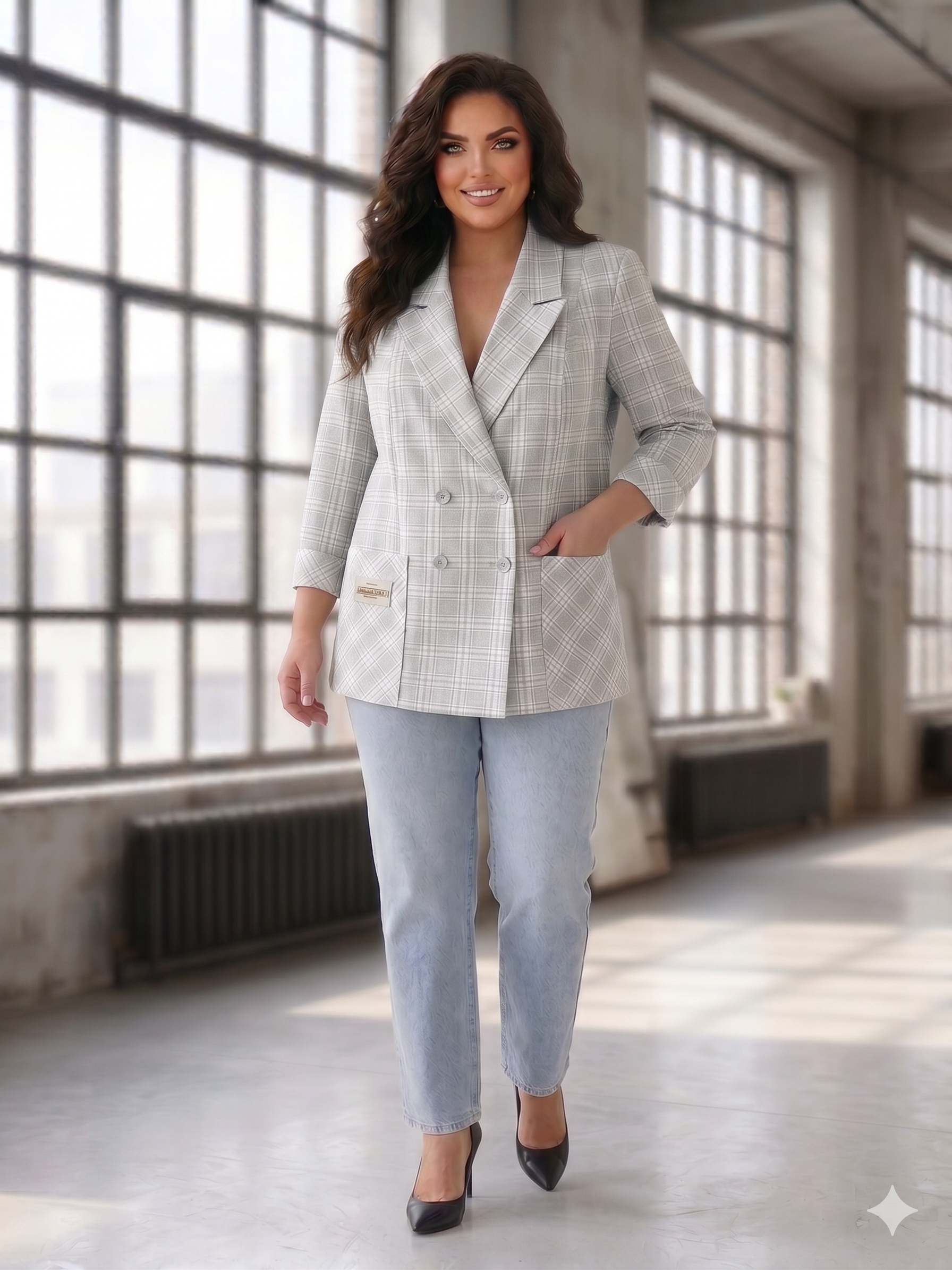 Woman wearing a gray checkered blazer and light blue pants in a bright room with large windows.
