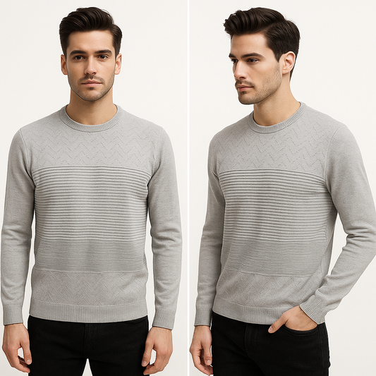 Šviesiai pilkas vyriškas megztinis su mezgimo raštu – zigzagai ir horizontalios linijos