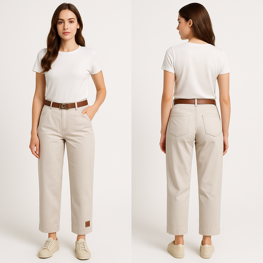 Moteris dėvi šviesius kapri stiliaus kelnes su elegantišku diržu