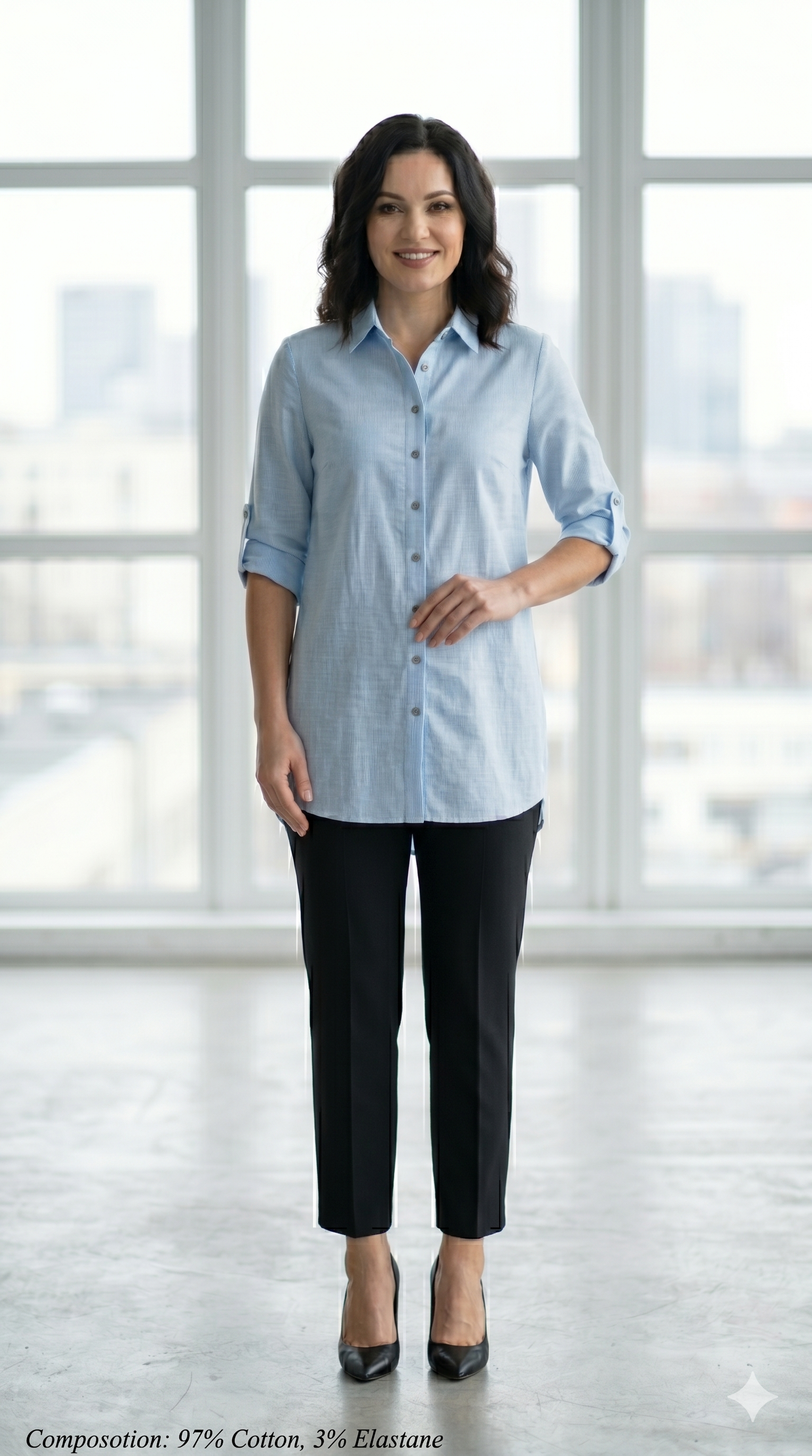 Woman wearing a light blue striped shirt and black pants standing in a bright room with large windows.
