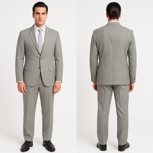 Kostiumas ant modelio – vyras vilkintis dailiai prigludusį dviejų dalių pilką kostiumą