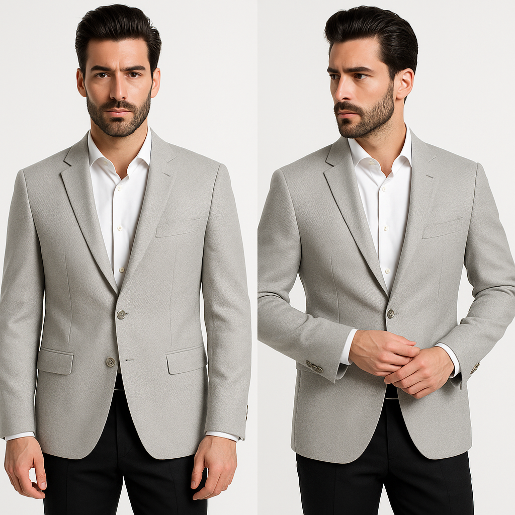 Šviesus baltai-pilkas vyriškas vasarinis švarkas su dviem sagomis, 48 dydis