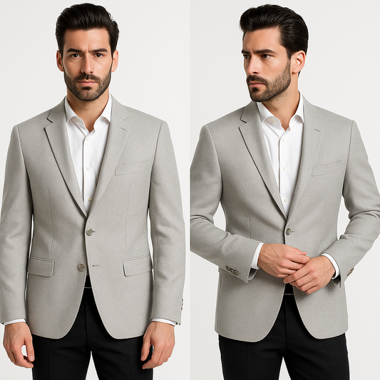 Šviesus baltai-pilkas vyriškas vasarinis švarkas su dviem sagomis, 48 dydis