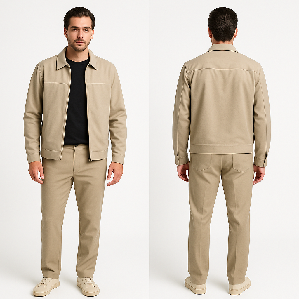 Vyras vilki šviesiai smėlio spalvos laisvalaikio kostiumą su tampriomis kelnėmis ir sagomis- spaudėmis segamu švarku