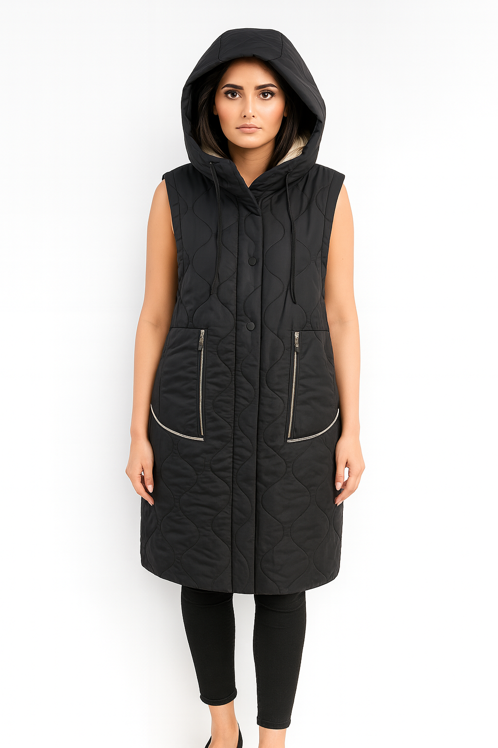 Stilinga ilga moteriška liemenė su gobtuvu, tinka rudens ir pavasario sezonui, rodo modelis.