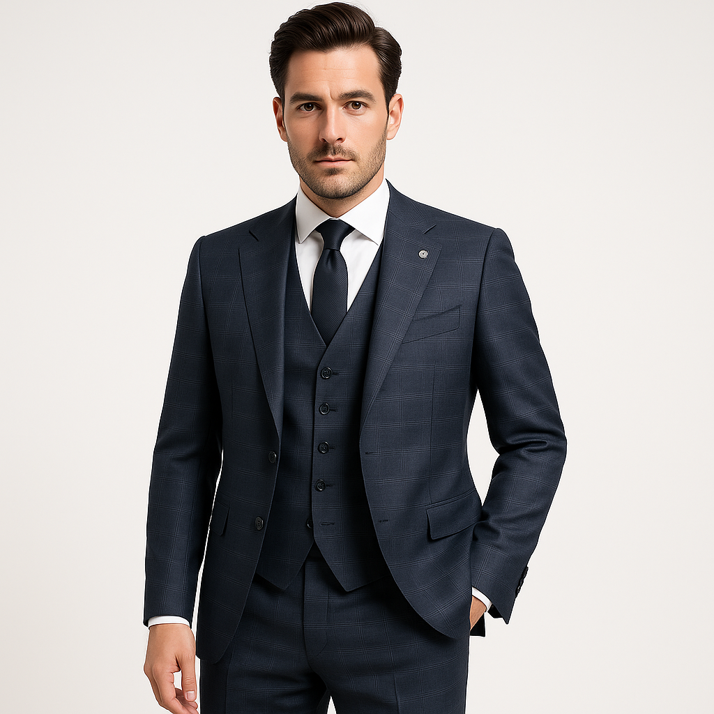 Tamsus languoto audinio trijų dalių vyriškas kostiumas