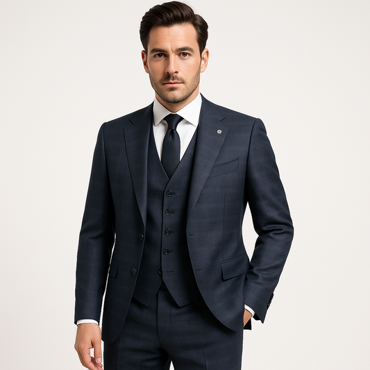 Tamsus languoto audinio trijų dalių vyriškas kostiumas