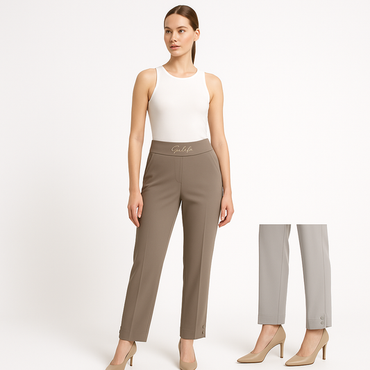 Kakavinės tamprios moteriškos kelnės su guma ir klasikiniu siluetu