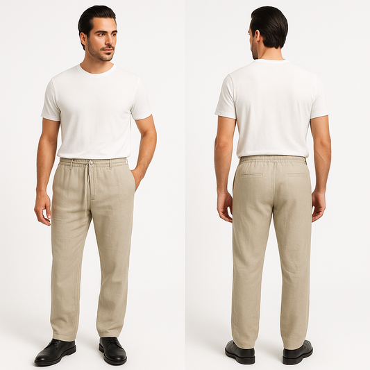 Modelis vilki šviesiai smėlio spalvos vyriškas lino kelnes su raišteliu ties liemeniu, puikiai tinkančias šiltam orui.