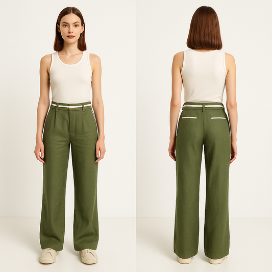 Klasikinės žalios 100% lino kelnės su elastingu juosmeniu ir kišenėmis, puikiai dera su baltais marškinėliais.