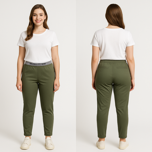 Modelis vilki žalias tamprias bengalino kelnes su logotipu ant juosmens – puikus pasirinkimas komfortui.