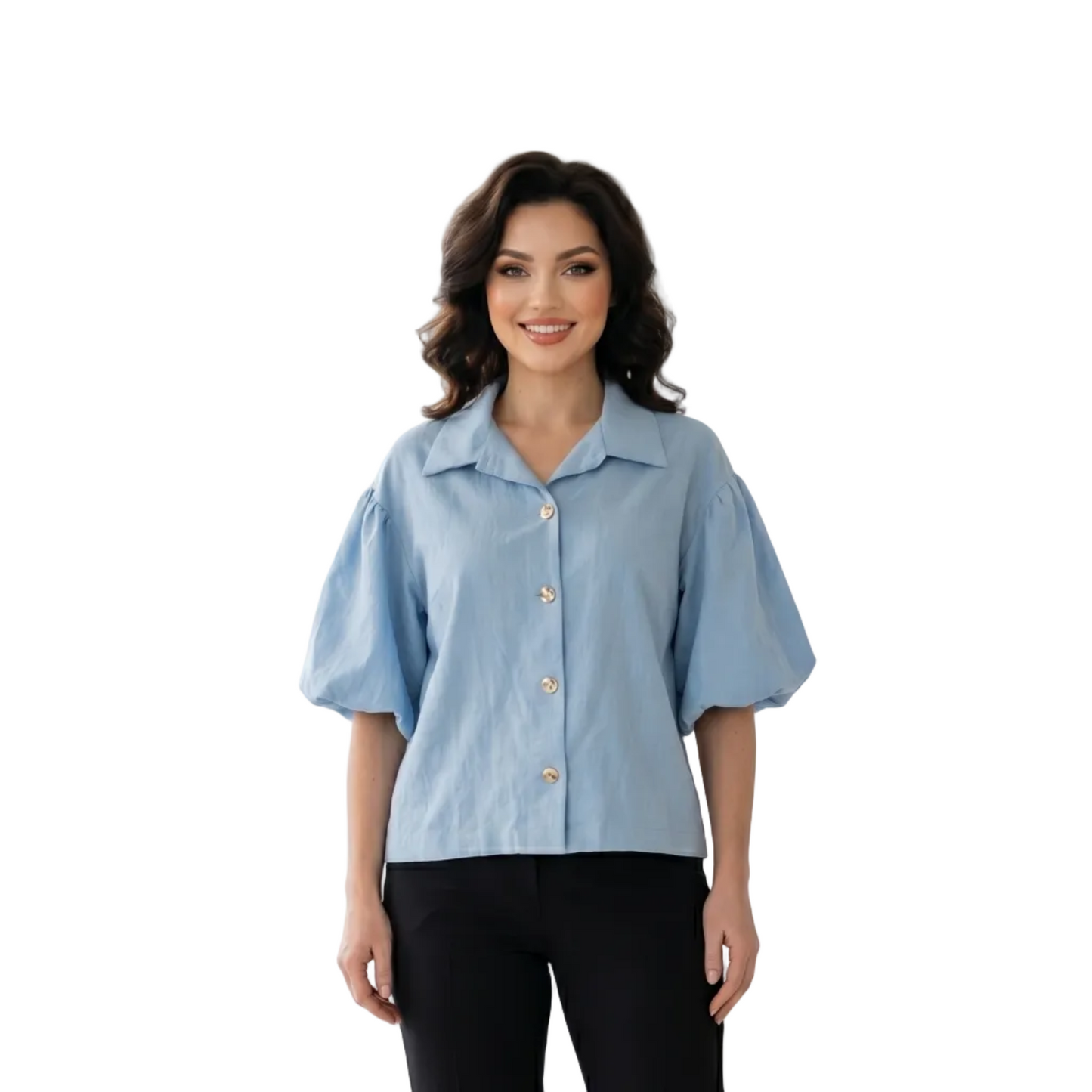 Woman wearing a light blue blouse with a blurred window background