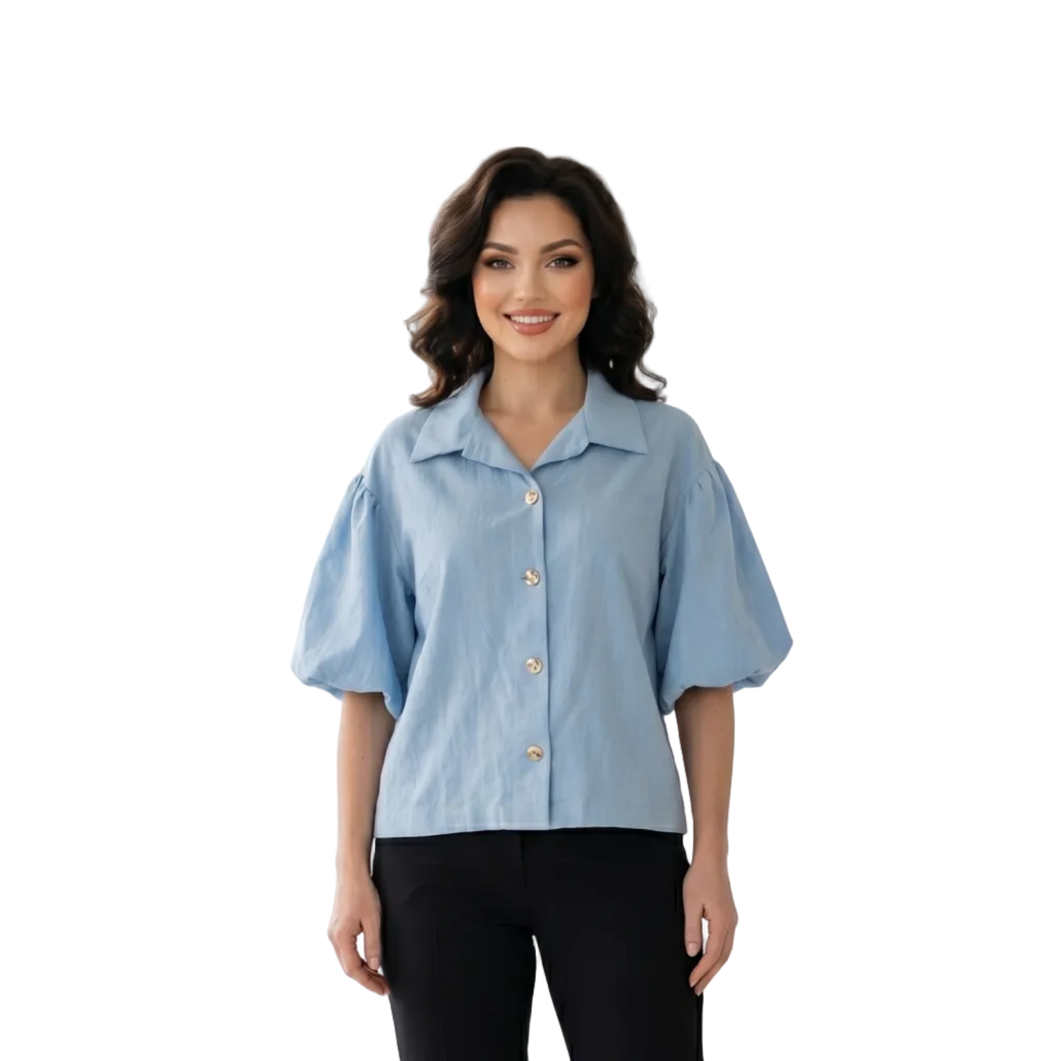 Woman wearing a light blue blouse with a blurred window background