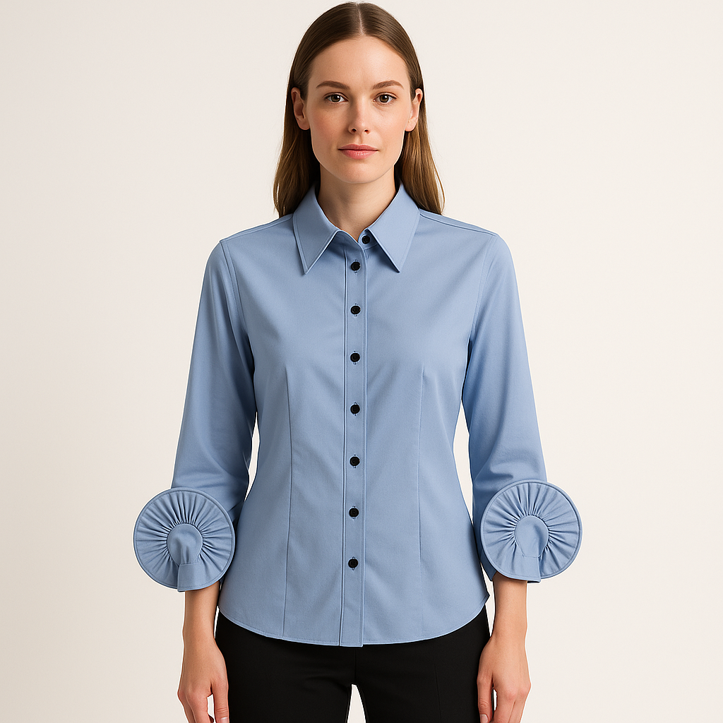 Žydri klasikiniai moteriški marškiniai su dekoruotomis rankovėmis