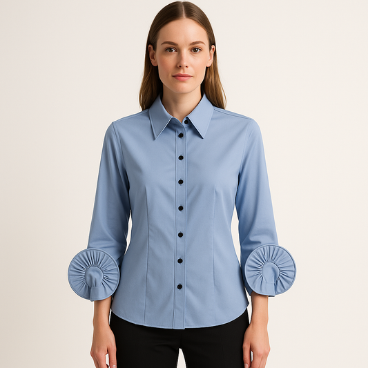 Žydri klasikiniai moteriški marškiniai su dekoruotomis rankovėmis