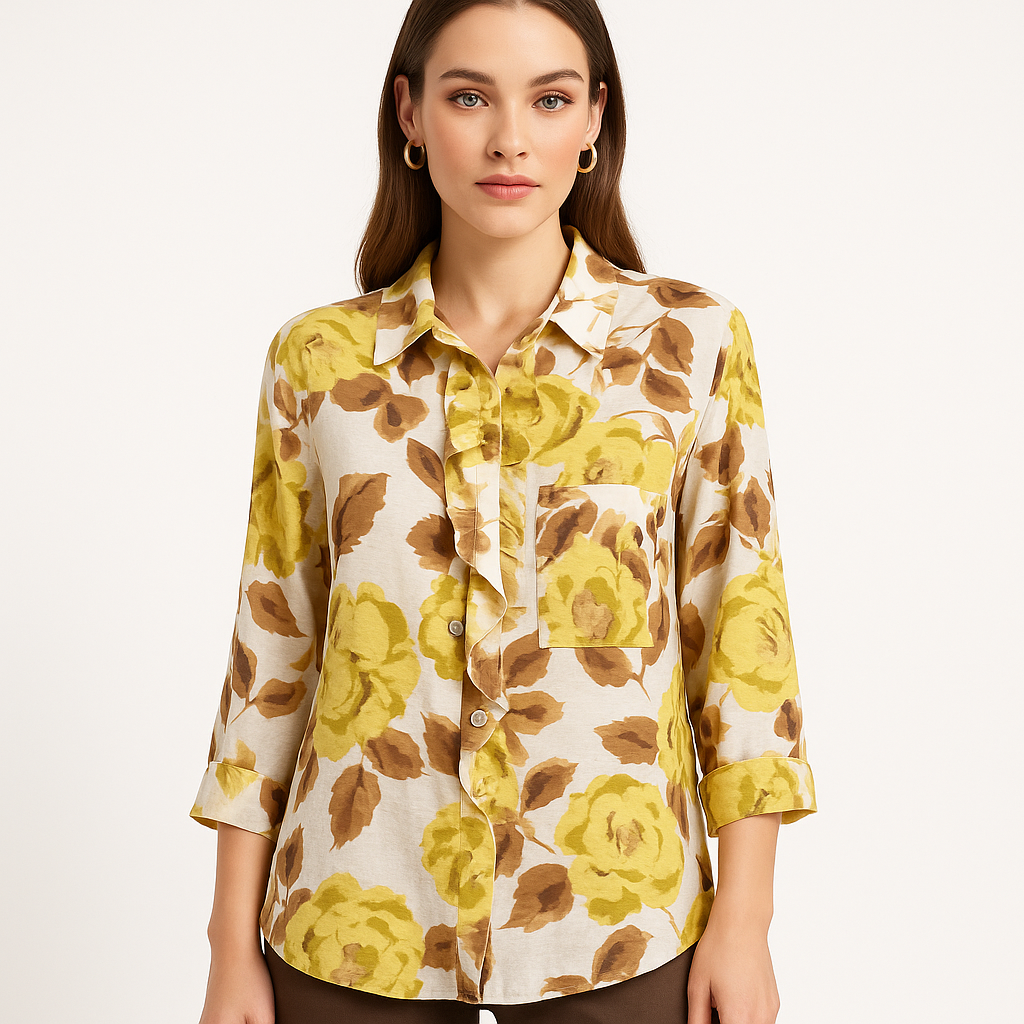 Moteris dėvi gėlėtą šviesią palaidinę su ryškiu raštu – vasariškas laisvalaikio įvaizdis.