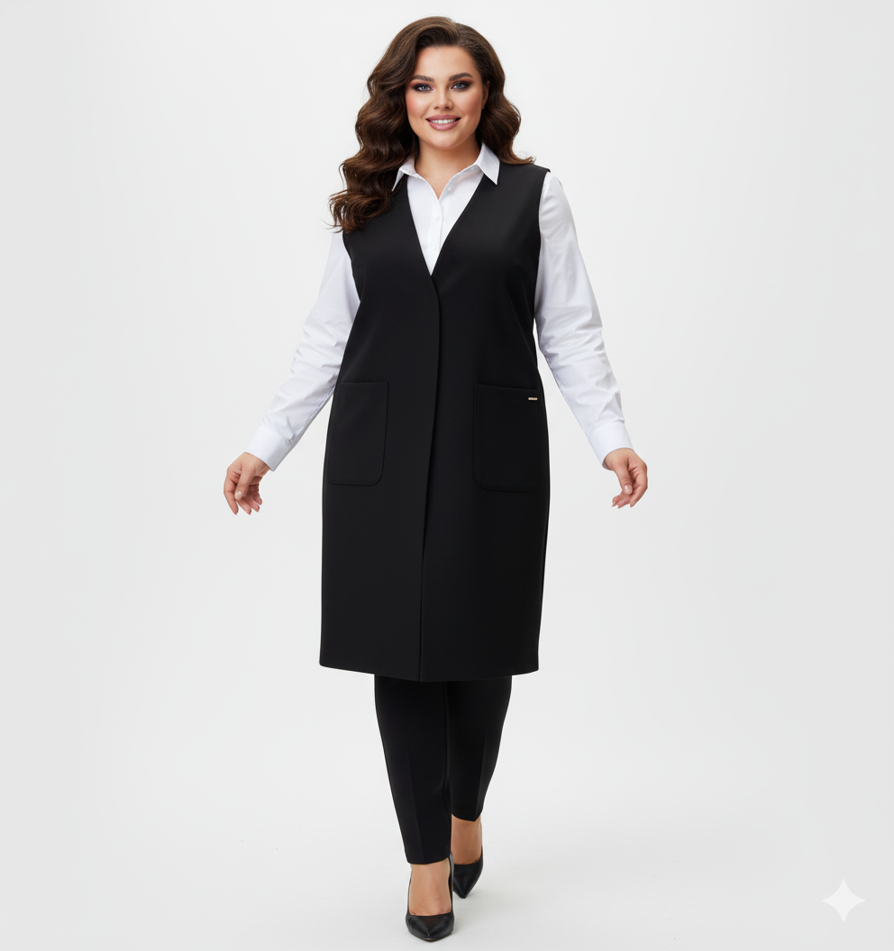 Moteris dėvi ilgą juodą klasikine liemenę su subtiliomis detalėmis – priekyje