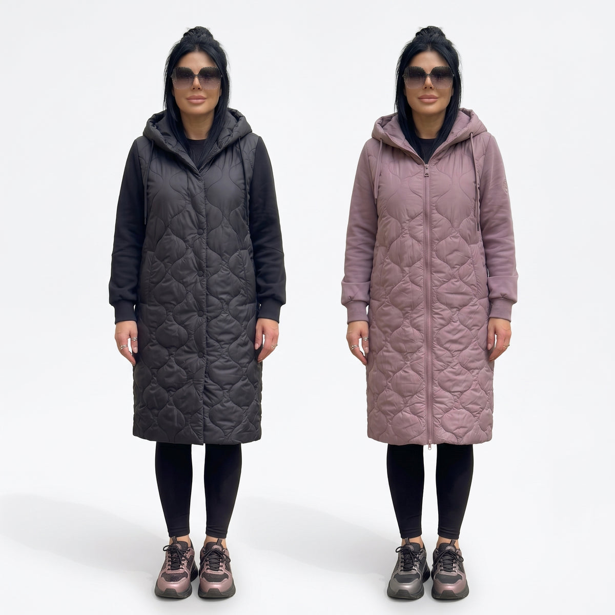 Ilga dygsniuota moteriška striukė su pūkeliu rankovėse ir gobtuvu xl-4xl