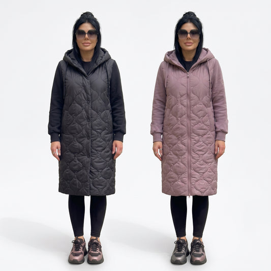 Ilga dygsniuota moteriška striukė su pūkeliu rankovėse ir gobtuvu xl-4xl