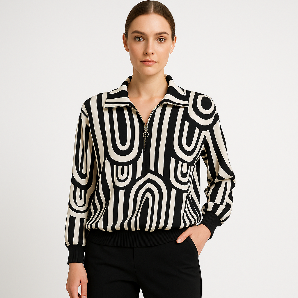 Kreminė palaidinė su juodomis detalėmis, moteriška elegantiška viršutinė dalis, priekis trumpesnis nei nugara.